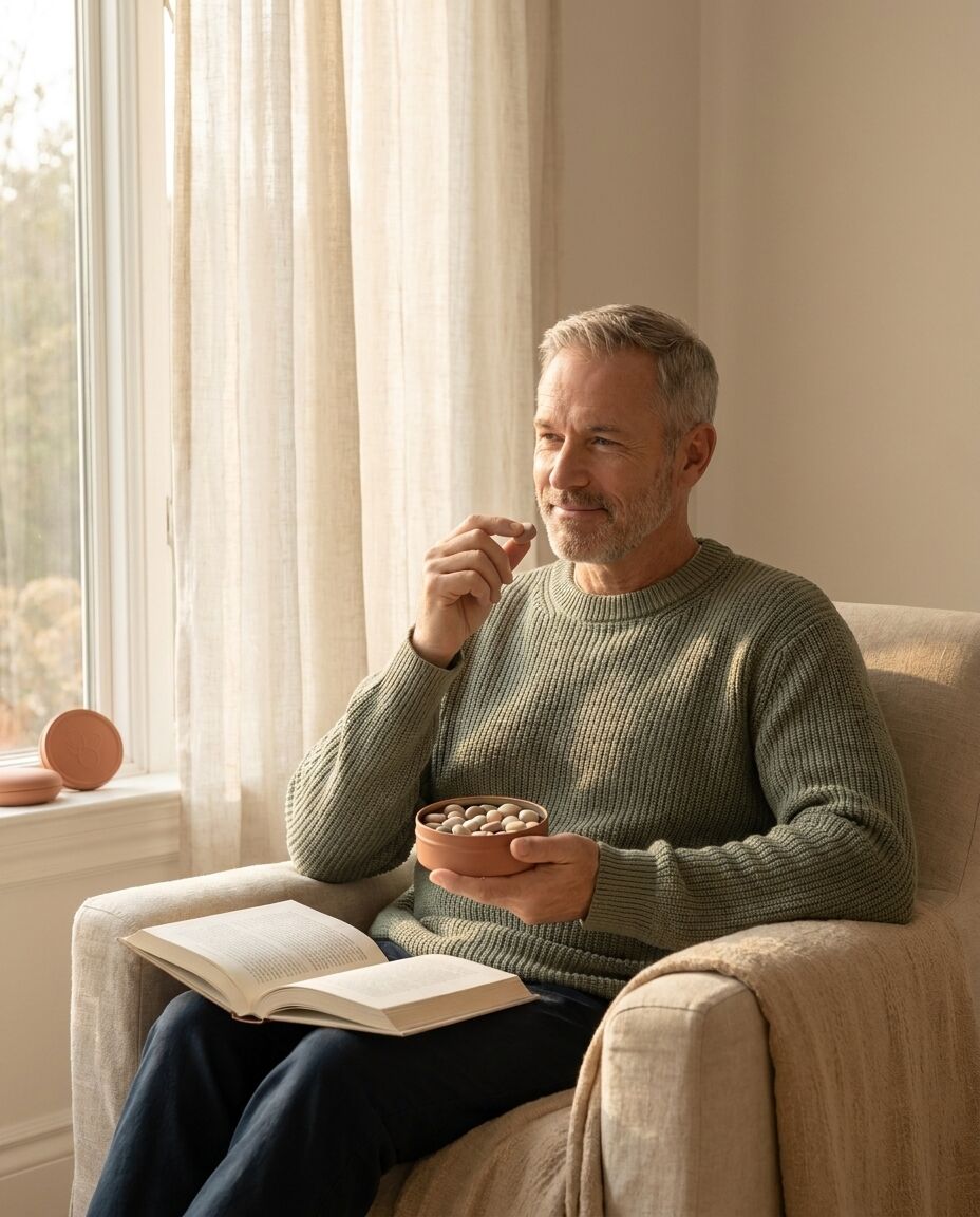 A man in his late fifties in a sage knit sweater reads in an armchair by the window, taking a gummy from a terracotta tin.