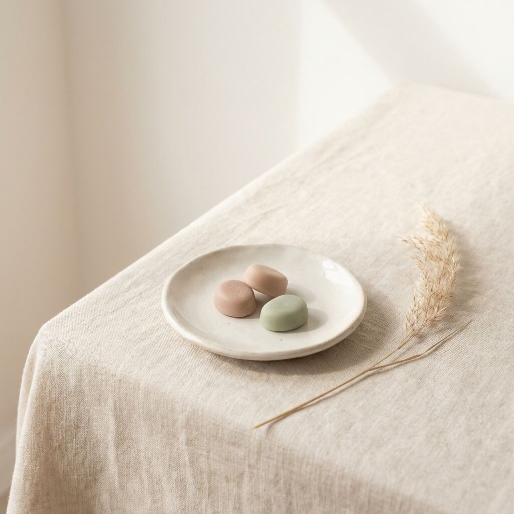 Three small gummies on a handmade ceramic saucer on a sand-coloured linen tablecloth.