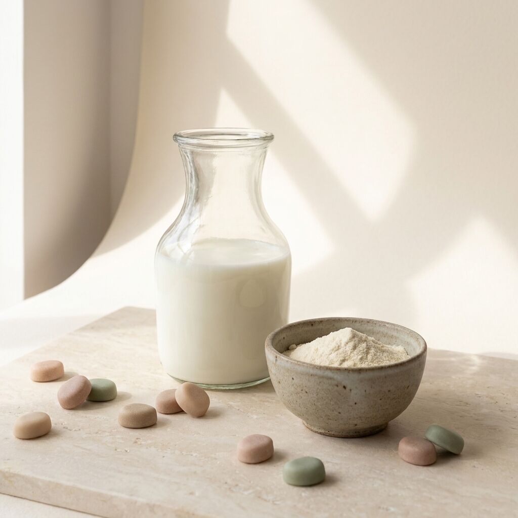 A glass carafe of milk and a stoneware bowl of whey powder with a scattering of pastel gummies on pale stone.