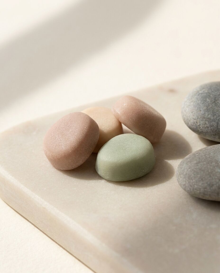 Close-up of soft matte whey protein gummies in pink, sand and sage beside two smooth river stones.