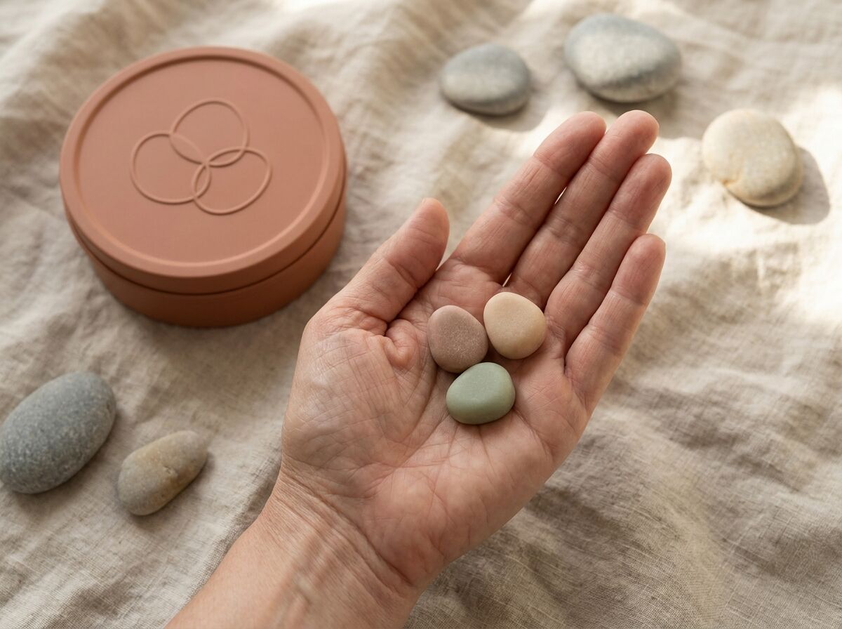 An open hand holding three soft pebble-shaped gummies in pink, sand and sage, beside a terracotta tin on linen with river stones.