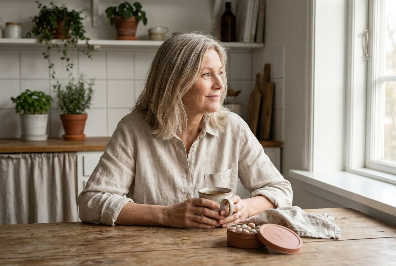 A woman in her fifties in a linen shirt sits at a wooden kitchen table in morning light, holding a mug of tea, an open Pebbl tin beside her.