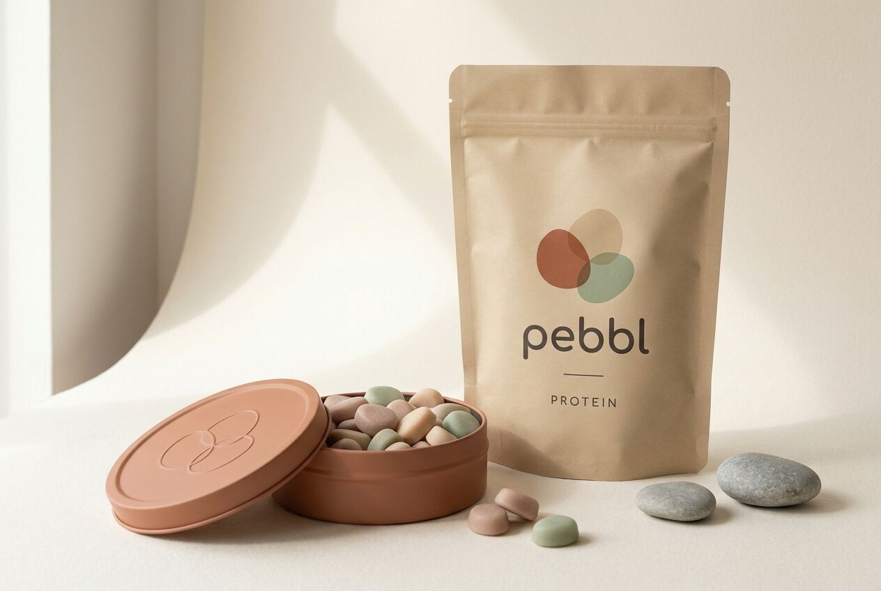 The Pebbl Protein sand pouch beside an open terracotta tin filled with pastel gummies and two river stones.