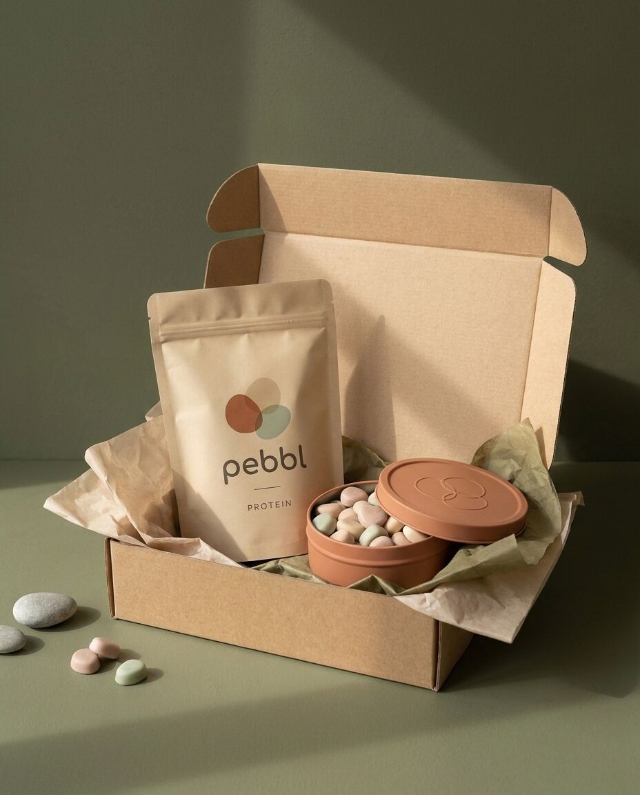 A matte sand Pebbl Protein pouch and a terracotta tin of gummies in an open kraft delivery box against an olive wall.